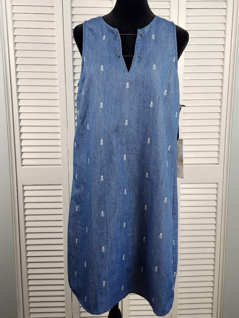 Given Kale Dress Small Pineapple Print Sleeveless Chambray Denim NWT